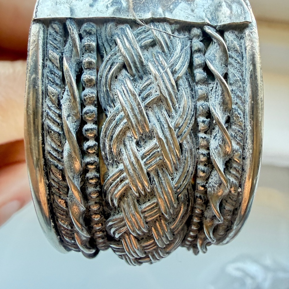 Braided Silvertone Wide Cuff Bracelet Tribal Ethnic Boho Statement Vintage Tibet - Picture 6 of 13